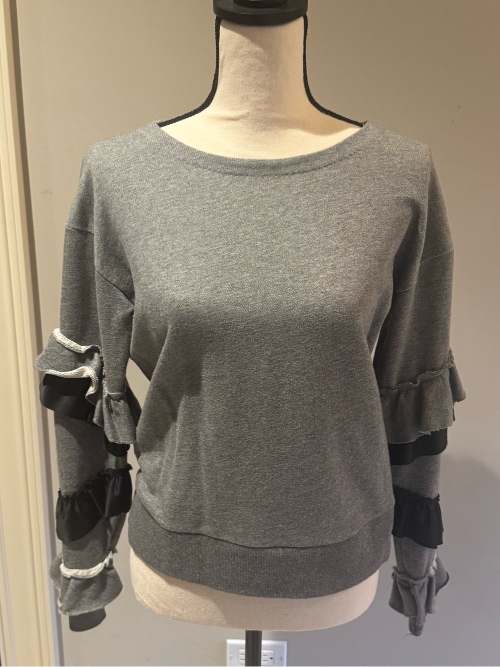 J. Crew Gray Ruffle-Sleeve Crewneck Sweater